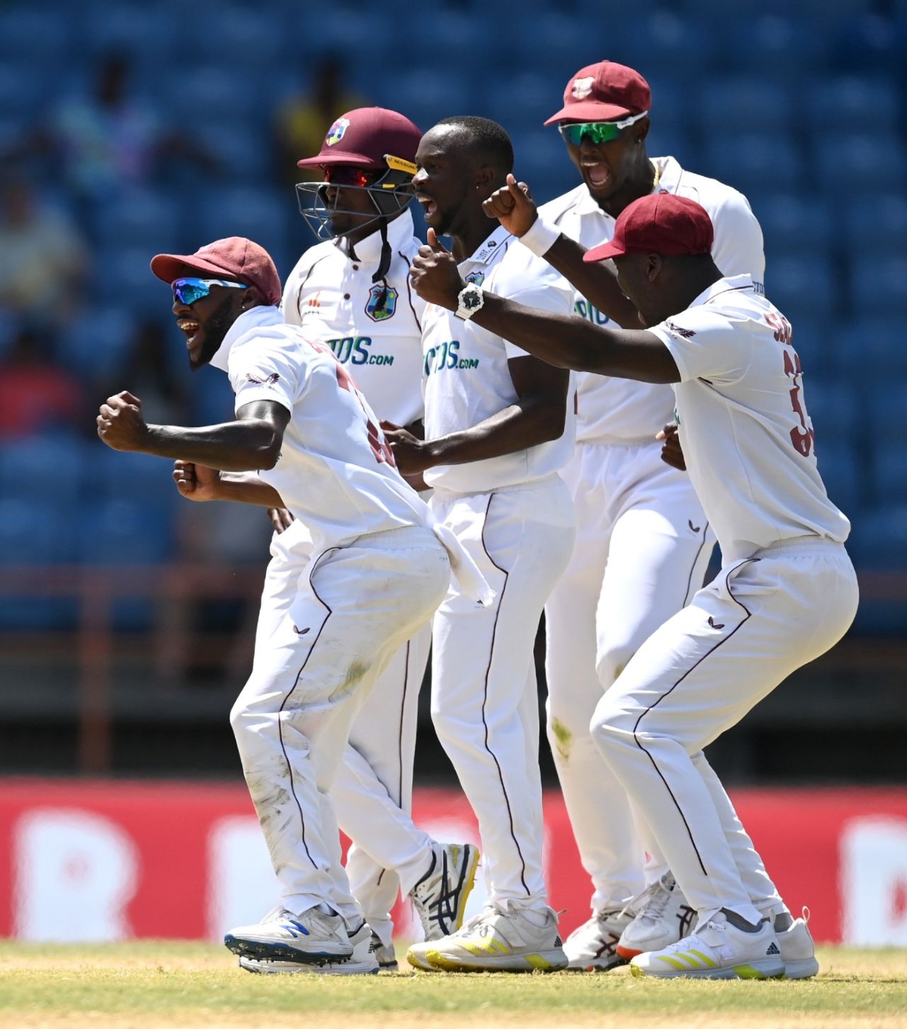 West Indies celebrate the successful review of Jack Leach's wicket, West Indies vs England, 3rd Test, Grenada, 4th day, March 27, 2022
