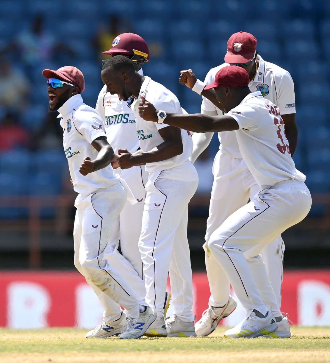 Kemar Roach celebrates the final England wicket, West Indies vs England, 3rd Test, Grenada, 4th day, March 27, 2022
