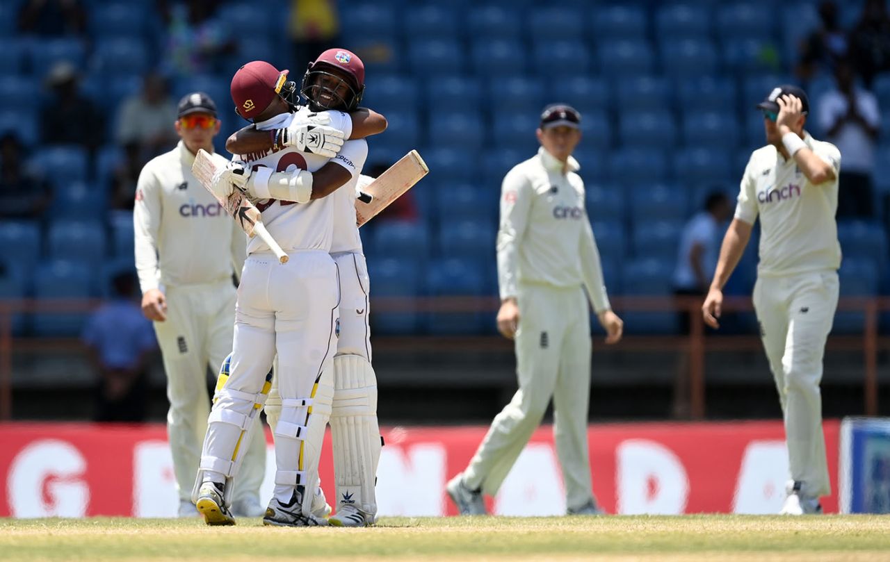 Kraigg Brathwaite and John Campbell celebrate West Indies' win, West Indies vs England, 3rd Test, Grenada, 4th day, March 27, 2022