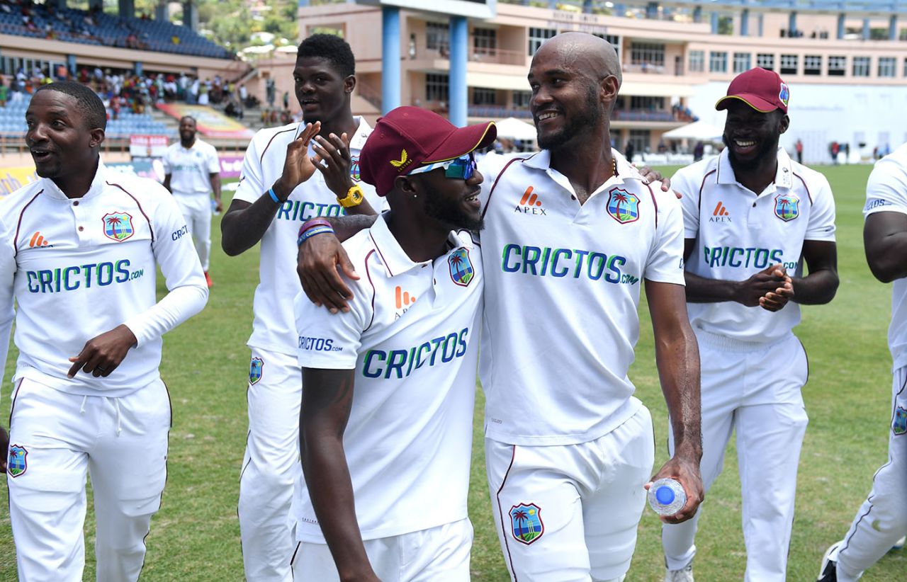 Kraigg Brathwaite and Jermaine Blackwood lead the lap of honour, West Indies vs England, 3rd Test, Grenada, 4th day, March 27, 2022