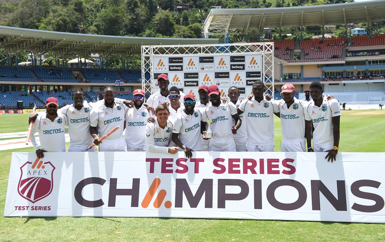 West Indies hold the Richards-Botham trophy aloft, West Indies vs England, 3rd Test, Grenada, 4th day, March 27, 2022