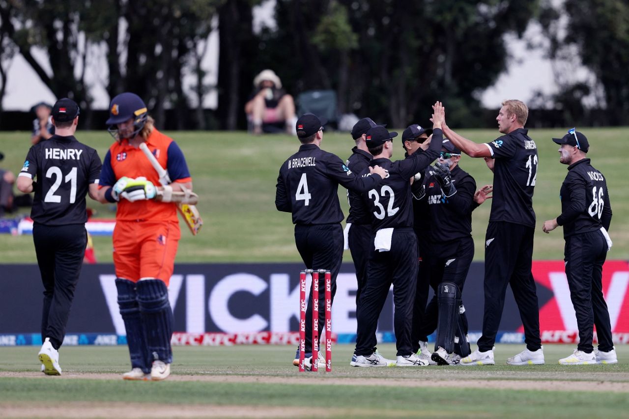 Kyle Jamieson celebrates as Max O'Dowd walks back, New Zealand vs Netherlands, 1st ODI, Mount Maunganui, March 29, 2022