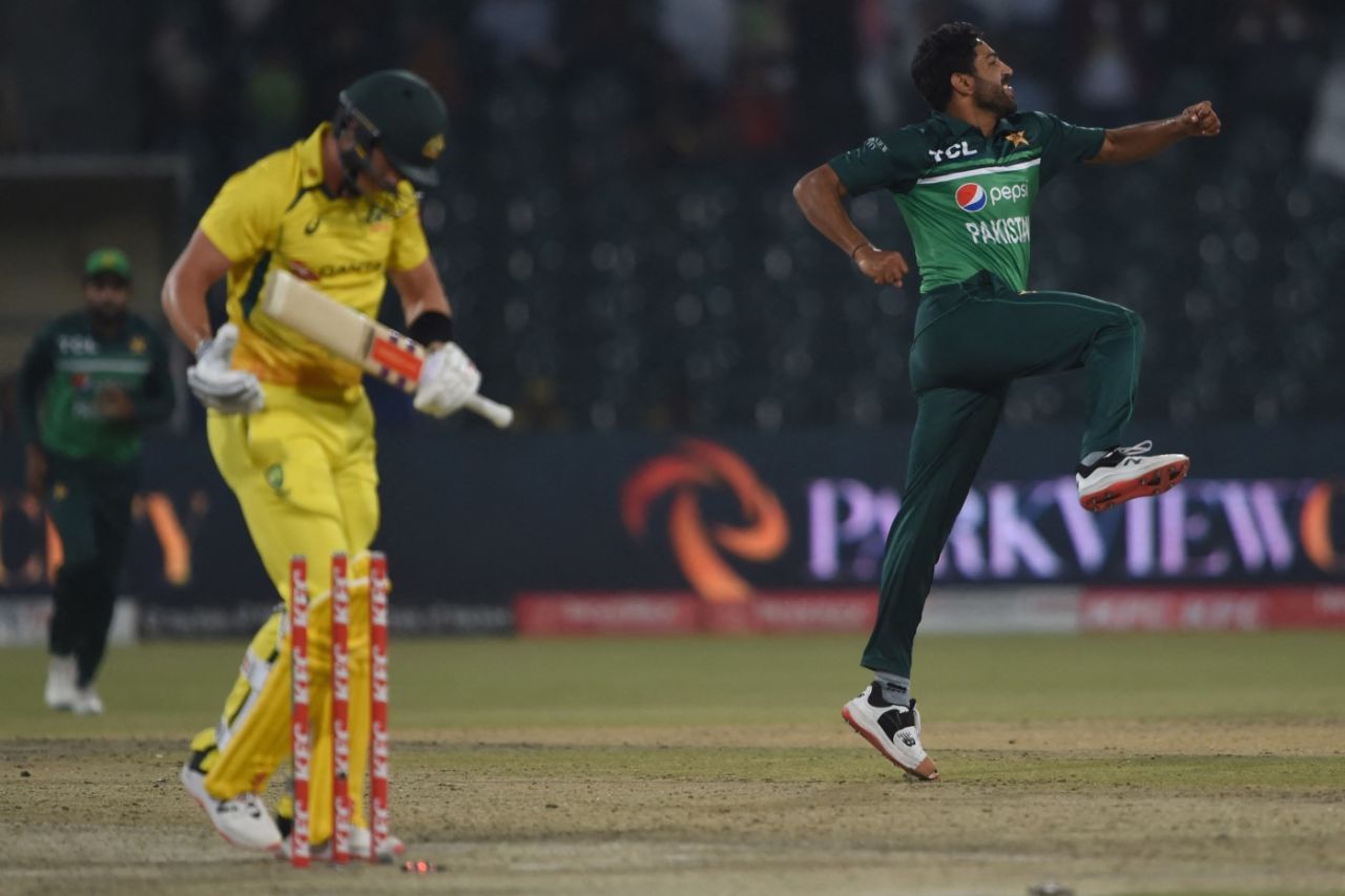 Haris Rauf celebrates the wicket of Sean Abbott, Pakistan vs Australia, 1st ODI, Lahore, March 29, 2022