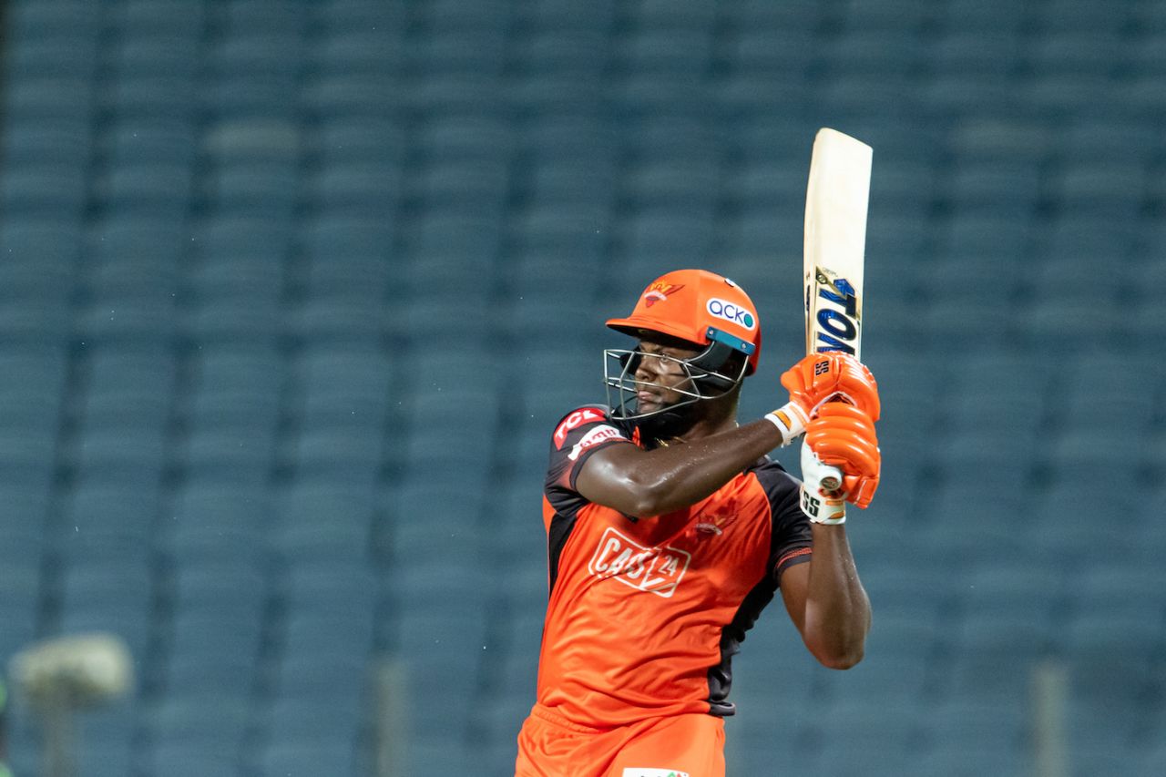 Romario Shepherd hammers one away during his counter-attacking innings, Rajasthan Royals vs Sunrisers Hyderabad, IPL 2022, Pune, March 29, 2022
