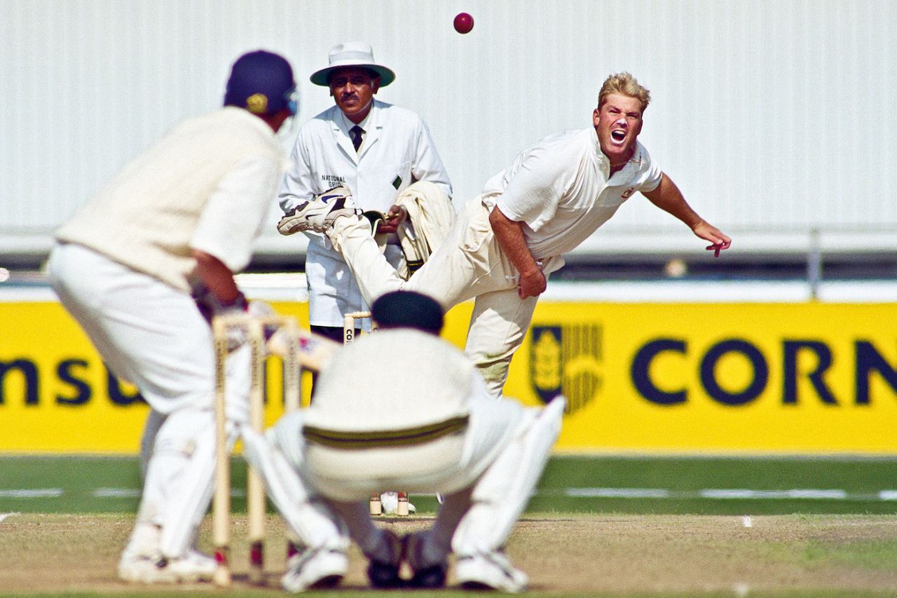 Shane Warne bowls during the third Ashes Test at Old Trafford, Manchester, July 4 1997