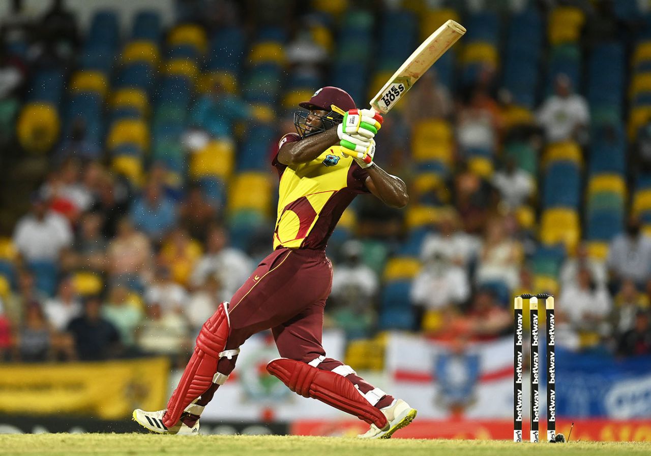 Romario Shepherd goes down the ground, West Indies vs England, 2nd T20I, Kensington Oval, Barbados, January 23, 2022