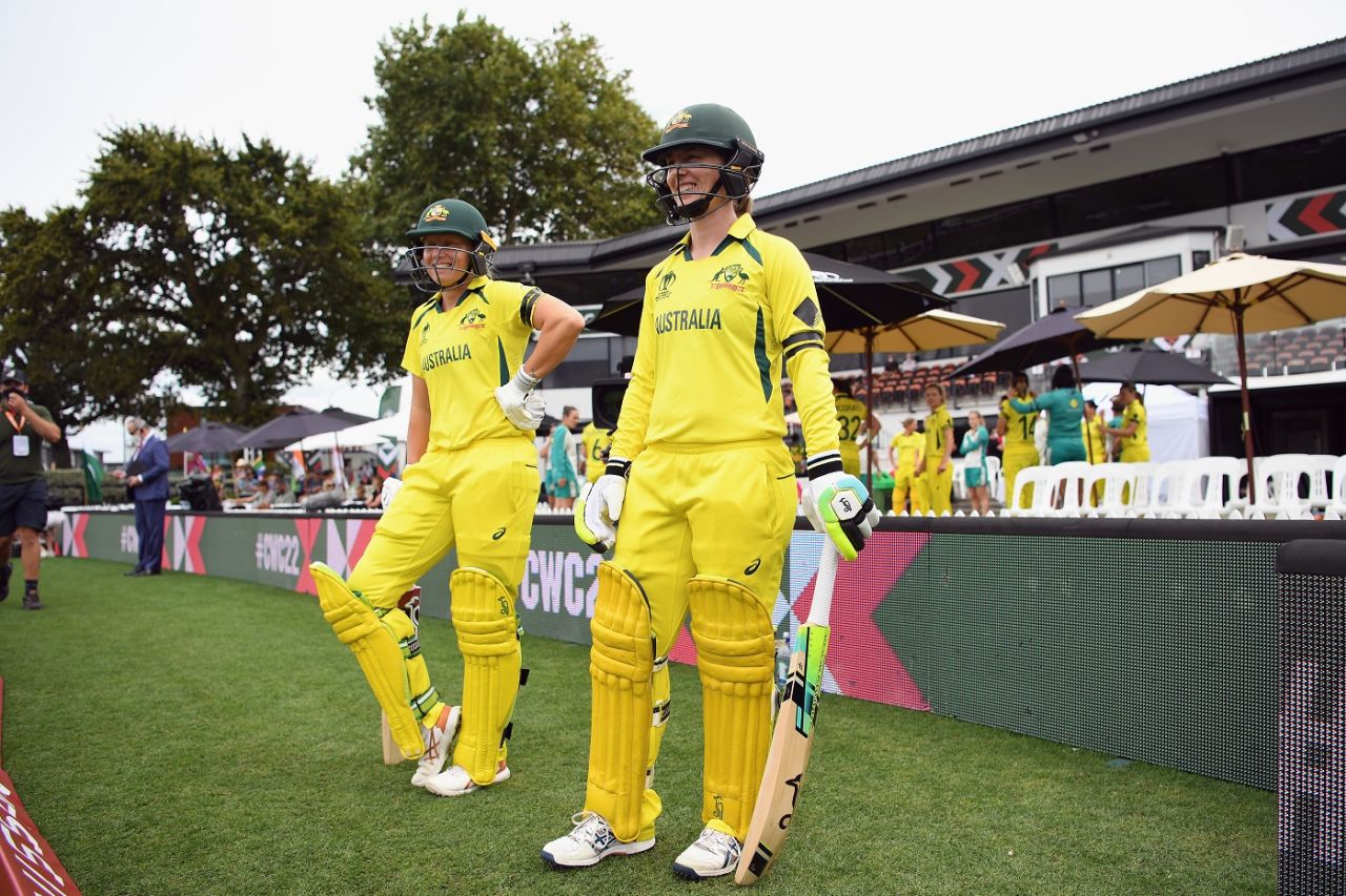 Alyssa Healy and Rachael Haynes walk out to bat during the semi-final, Australia vs West Indies, 1st semi-final, 2022 Women's ODI World Cup, Wellington, March 30, 2022
