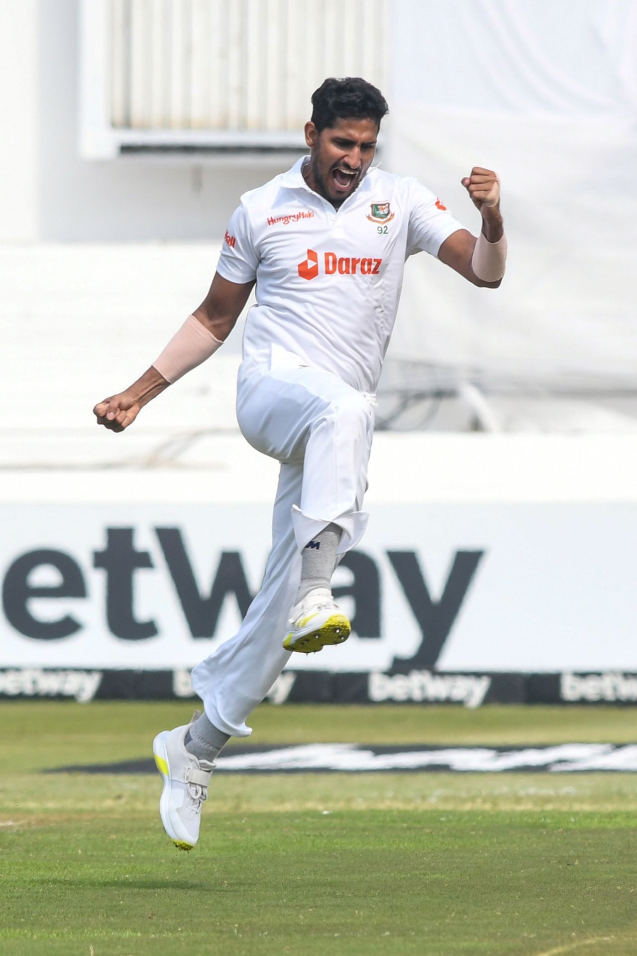 Khaled Ahmed is jubilant after dismissing Dean Elgar, South Africa vs Bangladesh, 1st Test, Durban, March 31, 2022