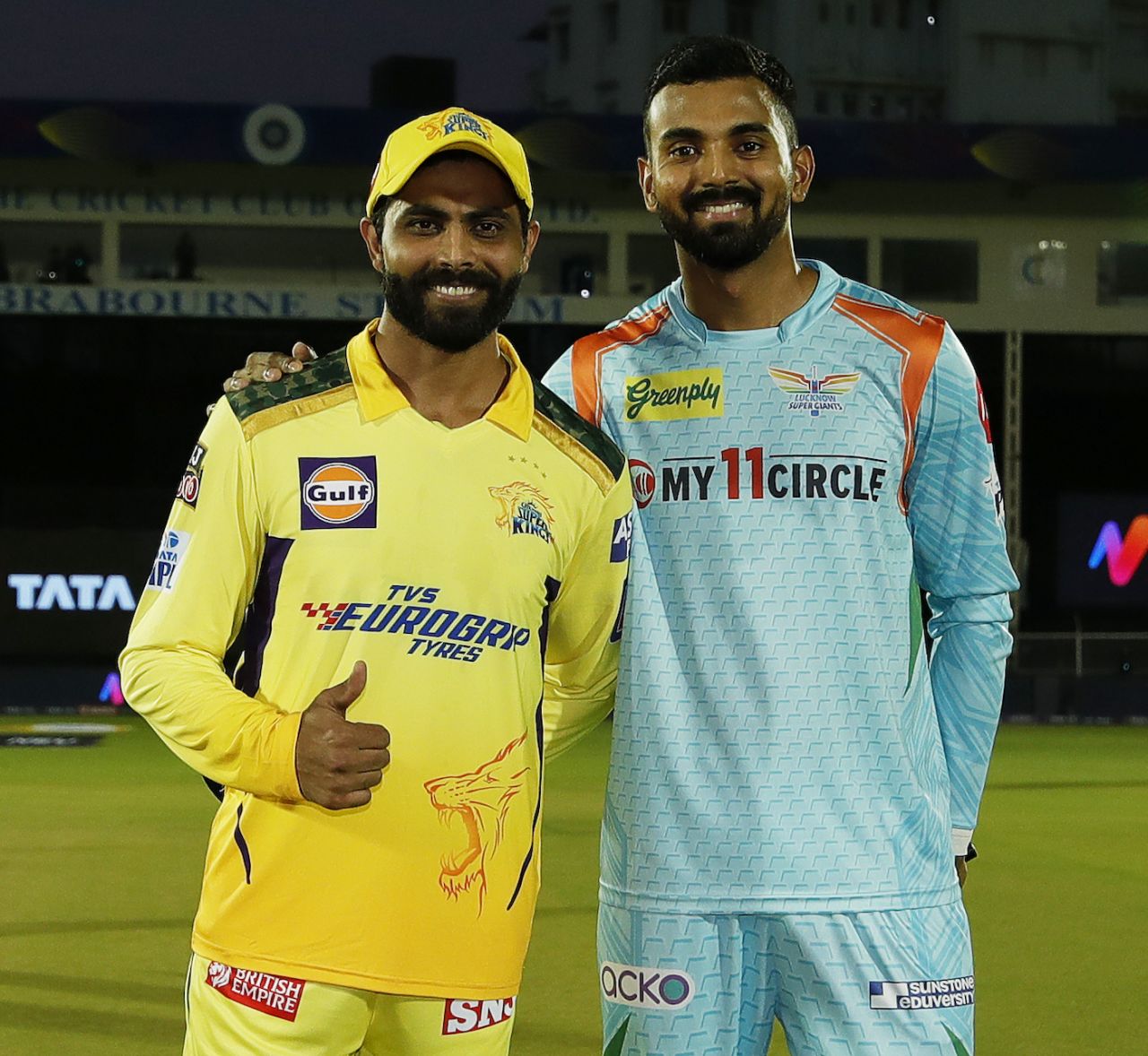 Ravindra Jadeja and KL Rahul strike a pose after the toss, Chennai Super Kings vs Lucknow Super Giants, IPL 2022, Mumbai, March 31, 2022