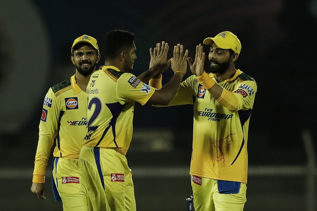 Tushar Deshpande celebrates a wicket with his captain Ravindra Jadeja, Chennai Super Kings vs Lucknow Super Giants, IPL 2022, Mumbai, March 31, 2022
