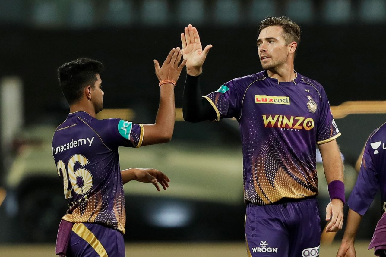 Tim Southee celebrates the wicket of Shikhar Dhawan, Punjab Kings vs Kolkata Knight Riders, IPL 2022, Wankhede Stadium, Mumbai, April 1, 2022