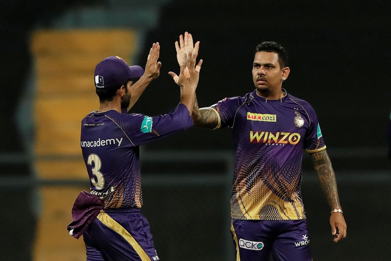 Sunil Narine celebrates a wicket in typical straight-faced fashion, Punjab Kings vs Kolkata Knight Riders, IPL 2022, Wankhede Stadium, Mumbai, April 1, 2022