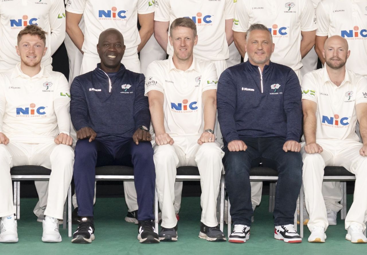 Ottis Gibson and Darren Gough flank Steve Patterson, Yorkshire's captain, at the club's media day, Headingley, April 1, 2022