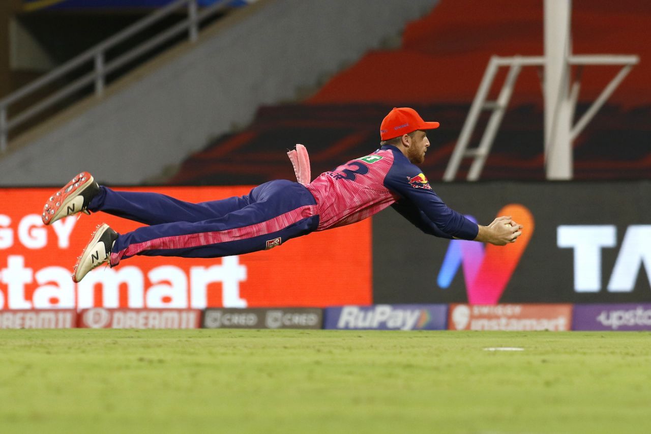 Jos Buttler flies across the turf to latch on to Daniel Sams' catch, Mumbai Indians vs Rajasthan Royals, IPL 2022, Mumbai, April 2, 2022