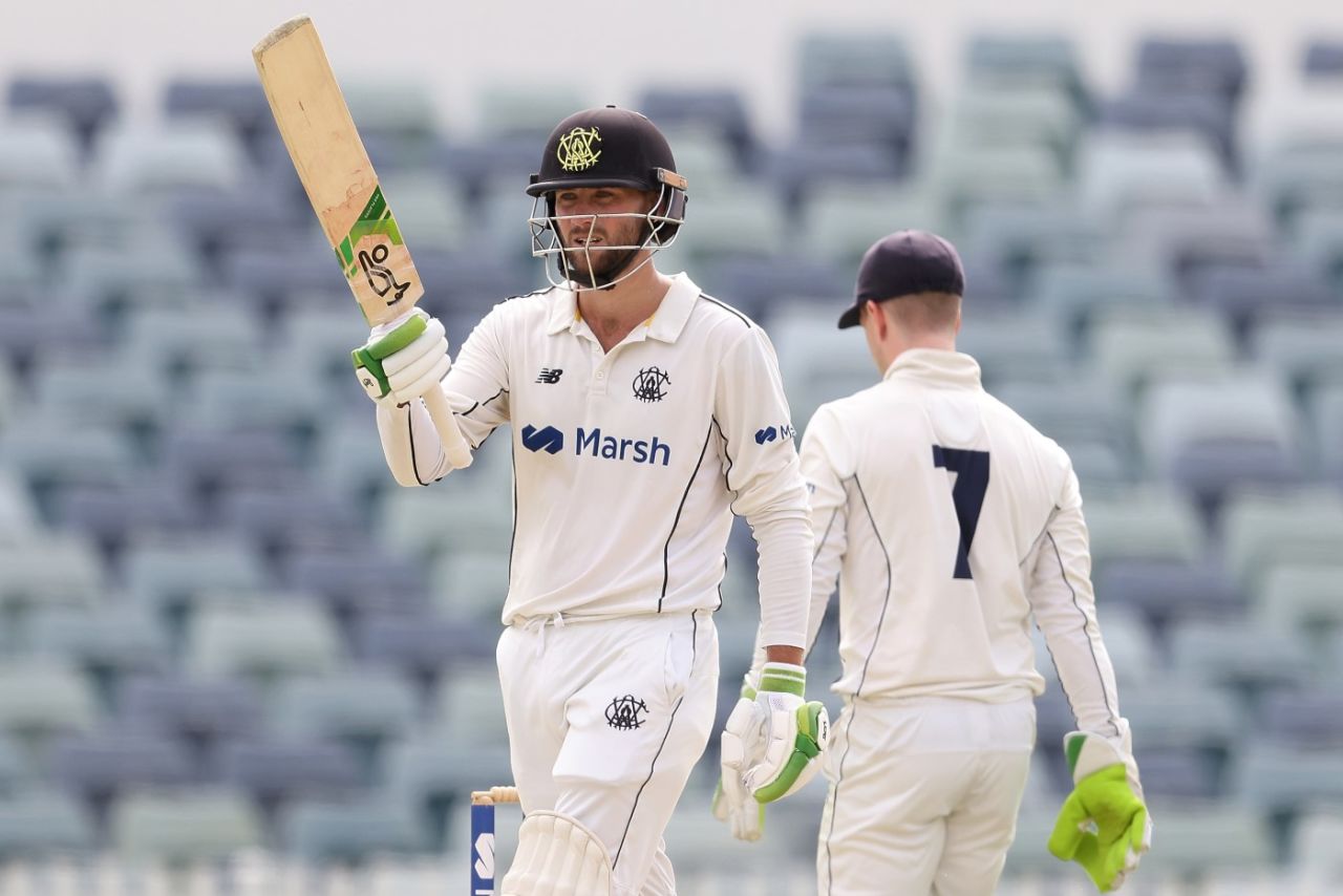 Sam Whiteman acknowledges his second half-century of the match, Western Australia vs Victoria, Sheffield Shield final, Day 4, Perth, April 2, 2022