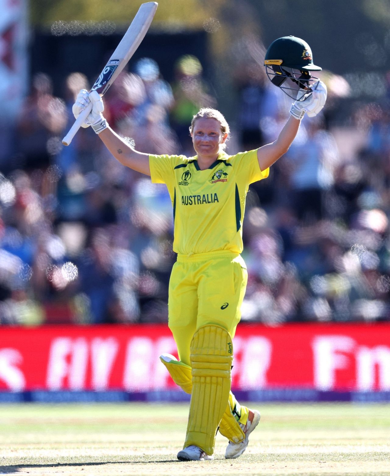 Alyssa Healy celebrates after scoring her second successive World Cup ton, Australia vs England, Women's World Cup 2022 final, Christchurch, April 3, 2022