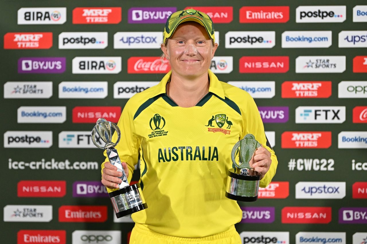 Alyssa Healy poses with the Player-of-the-Final and Player-of-the-Tournament awards, Australia vs England, Women's World Cup 2022 final, Christchurch, April 3, 2022