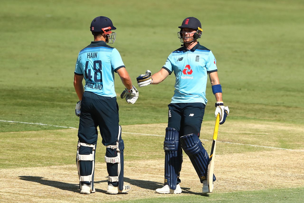 Sam Hain and Laurie Evans punch gloves, Cricket Australia XI v England Lions, February 4, 2020