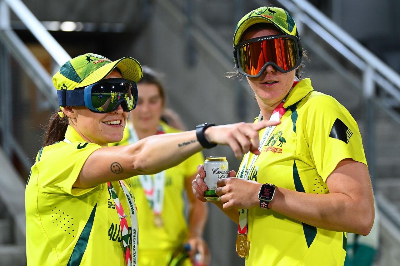 Megan Schutt and Tahlia McGrath celebrate in ski goggles, Australia vs England, Women's World Cup 2022 final, Christchurch, April 3, 2022