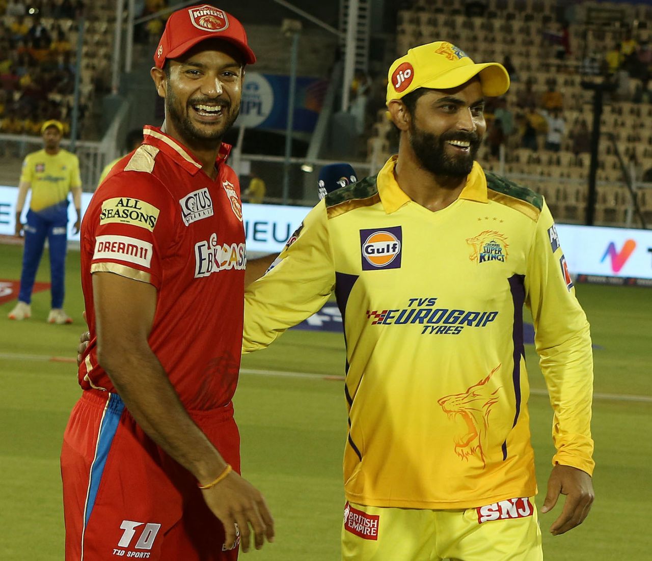 Mayank Agarwal and Ravindra Jadeja share a laugh at the toss, Chennai Super Kings vs Punjab Kings, IPL 2022, Mumbai, April 3, 2022