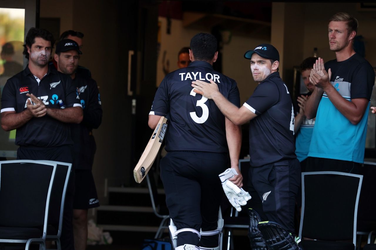 Tom Latham pats Ross Taylor on the back after the latter's final international innings ended, New Zealand vs Netherlands, 3rd ODI, Hamilton, April 4, 2022