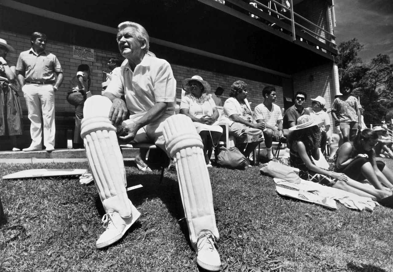 Australian Prime Minister Bob Hawke pads up and waits to go to bat, Prime Minister's XI vs Aboriginal XI at Manly Oval, January 13, 1988