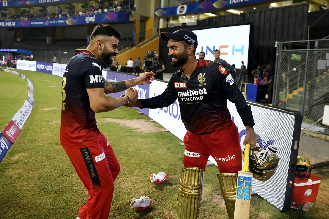 Dinesh Karthik gets some love from Virat Kohli, Rajasthan Royals v Royal Challengers Bangalore, IPL 2022, Wankhede Stadium, April 5, 2022