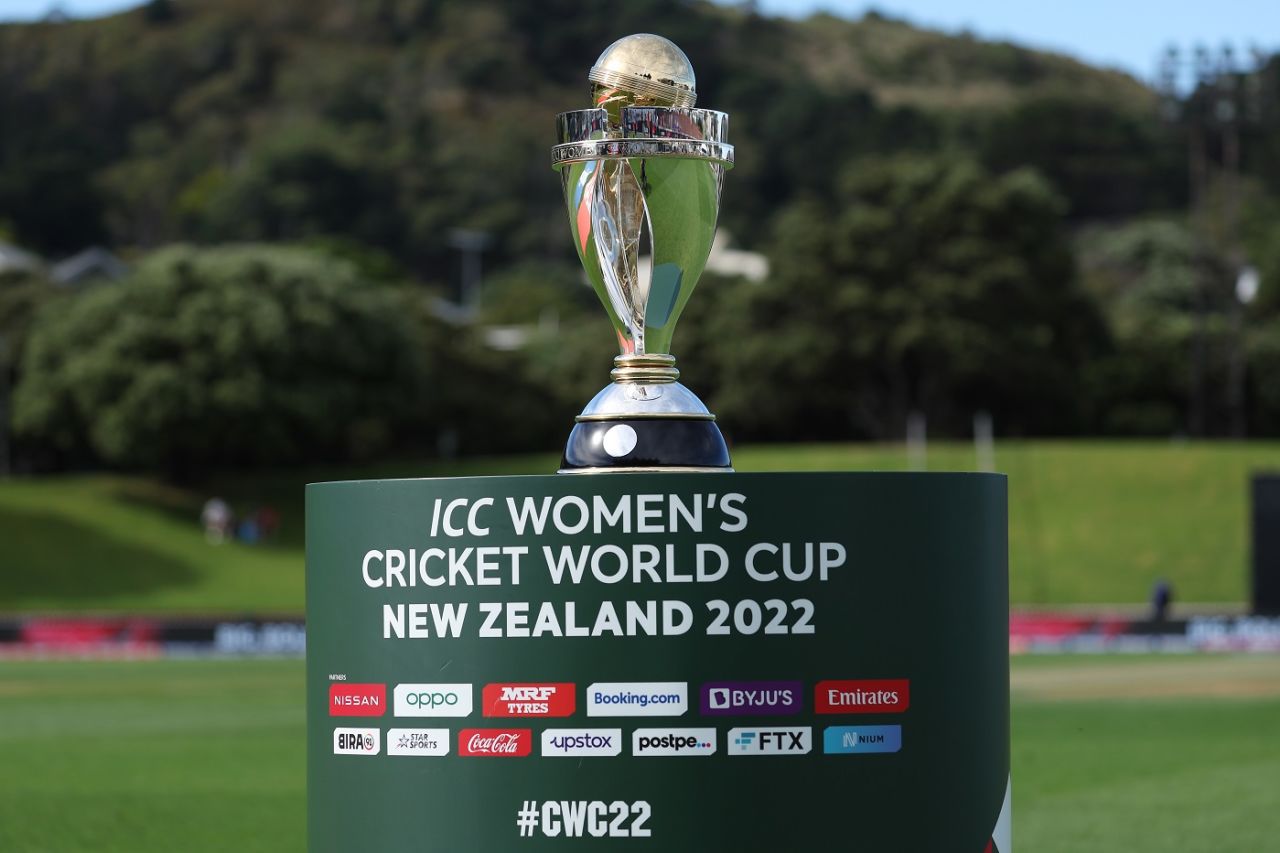 The Women's World Cup trophy on display, South Africa vs Australia, Women's World Cup 2022, Wellington, March 22, 2022