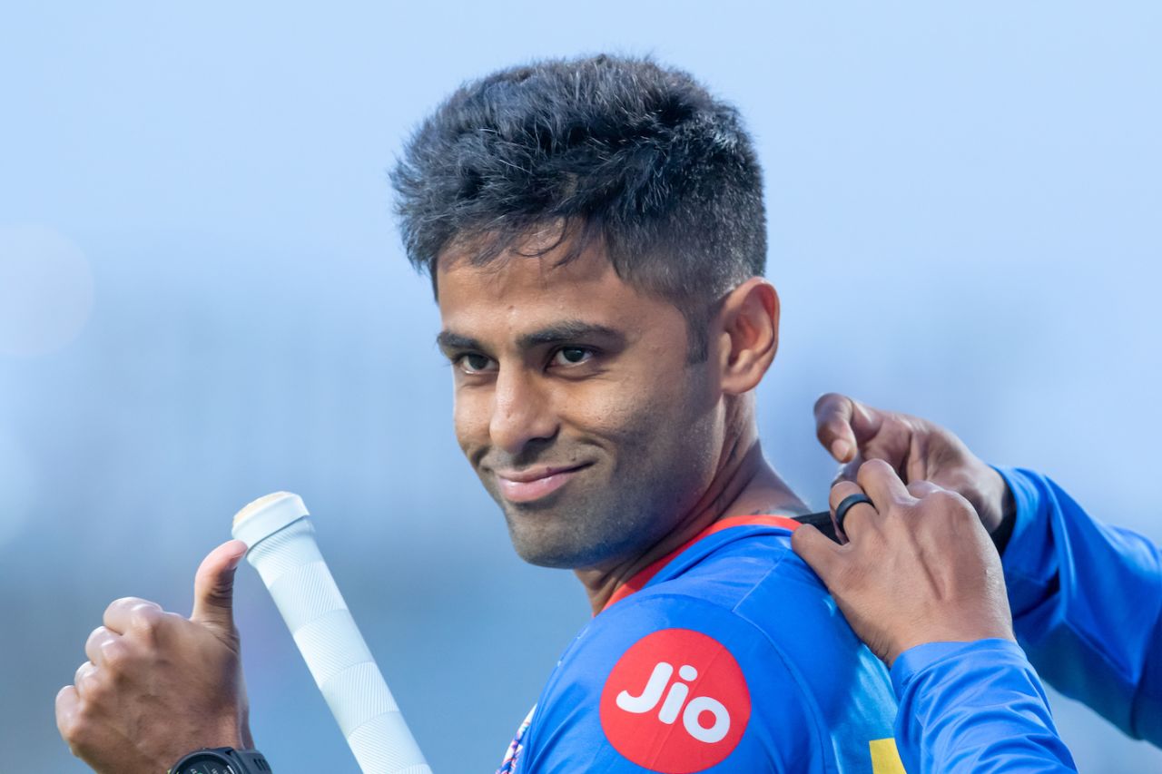 Suryakumar Yadav looks happy with life as he walks out for a warm-up session, Kolkata Knight Riders vs Mumbai Indians, IPL 2022, Pune, April 6, 2022
