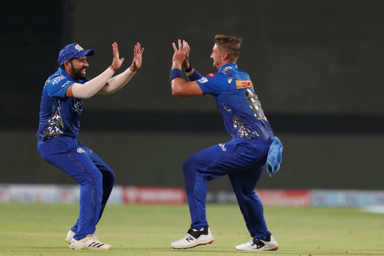 Rohit Sharma and Daniel Sams celebrate the wicket of Shreyas Iyer, Kolkata Knight Riders vs Mumbai Indians, IPL 2022, Pune, April 6, 2022