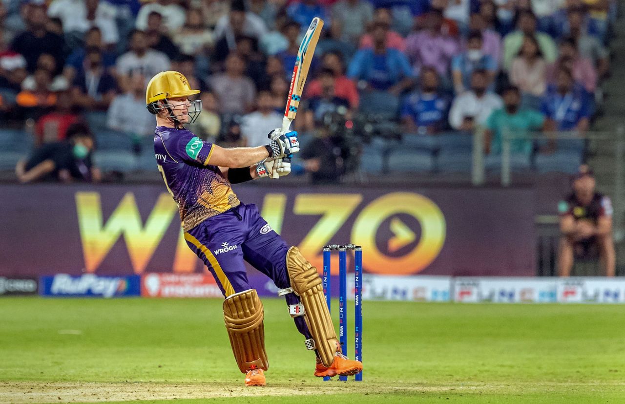 Sam Billings swings the ball away towards square-leg, Kolkata Knight Riders vs Mumbai Indians, IPL 2022, Pune, April 6, 2022