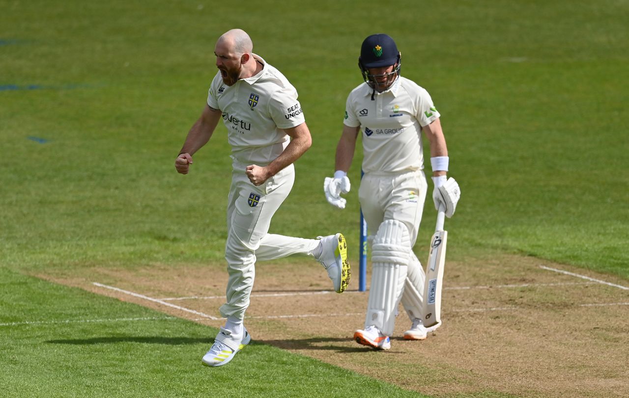 Ben Raine celebrates an early breakthrough, Glamorgan vs Durham, LV= Insurance Championship, Division Two, Cardiff, April 7, 2022