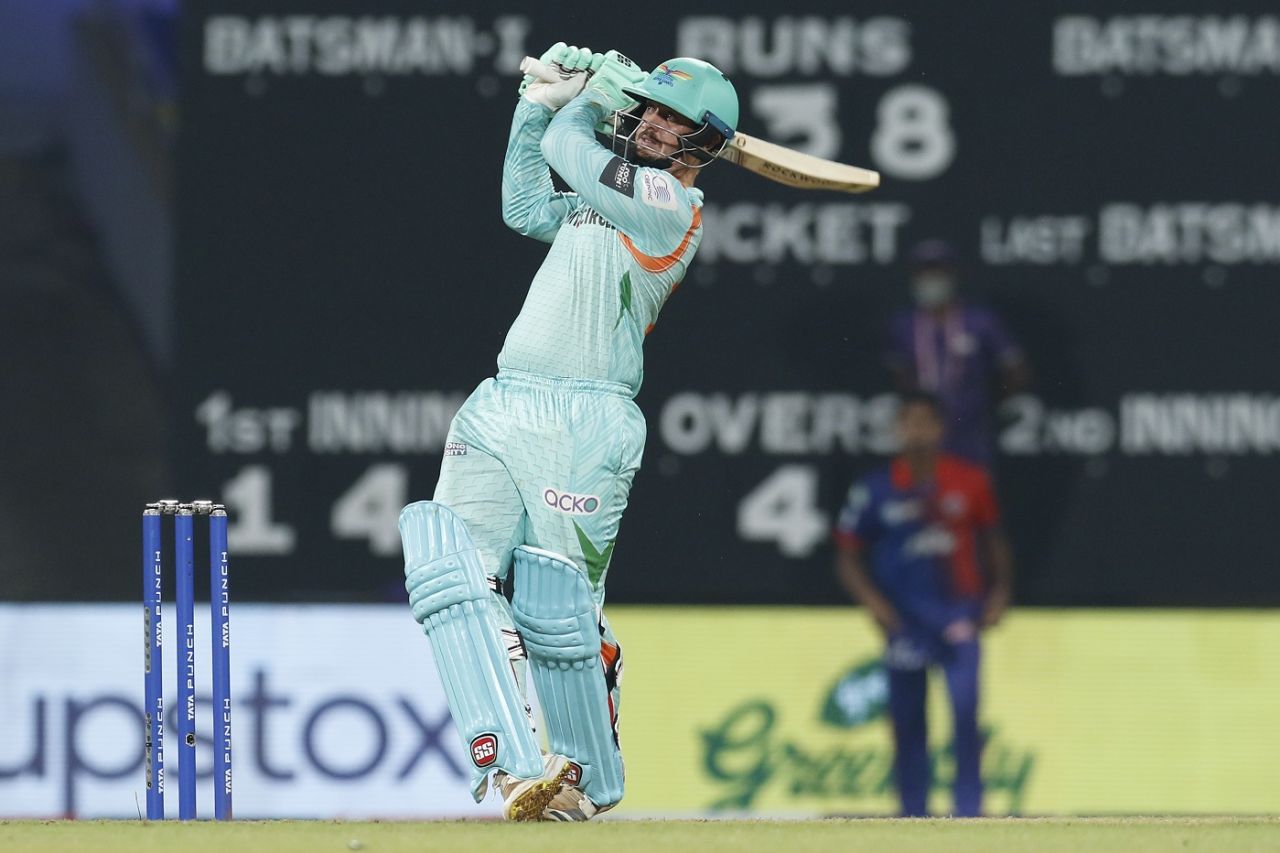 Quinton de Kock deposits Anrich Nortje over deep backward square leg, Lucknow Super Giants vs Delhi Capitals, IPL 2022, Navi Mumbai, April 7, 2022