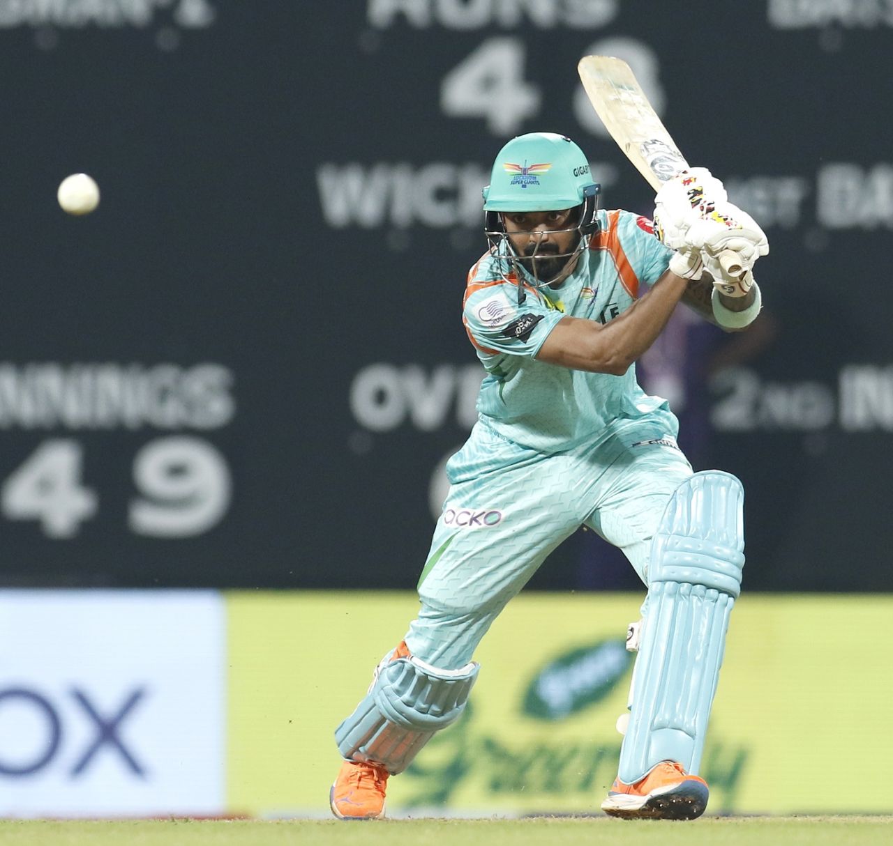 KL Rahul pushes one through the off side, Lucknow Super Giants vs Delhi Capitals, IPL 2022, Navi Mumbai, April 7, 2022