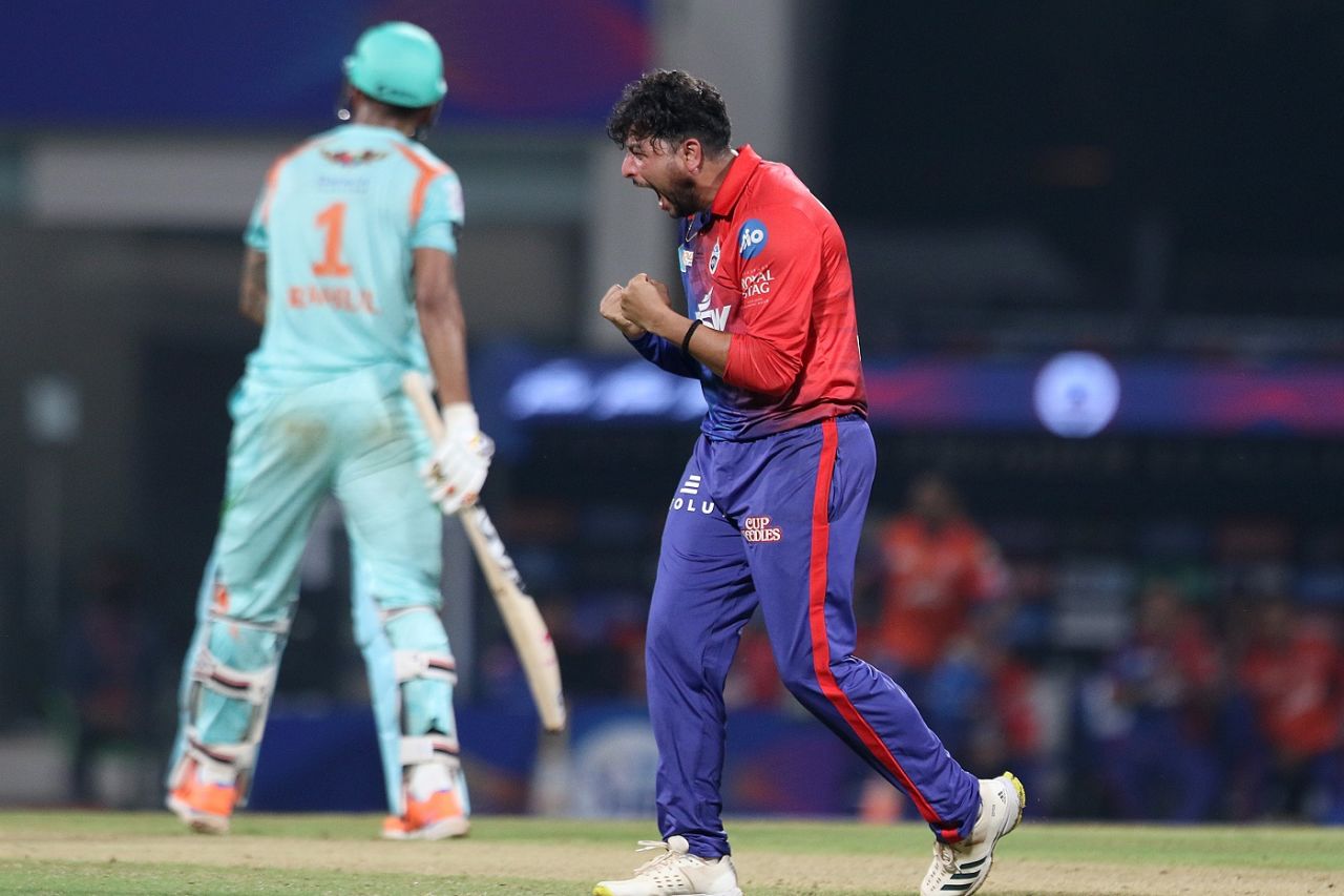 Kuldeep Yadav celebrates after dismissing KL Rahul, Lucknow Super Giants vs Delhi Capitals, IPL 2022, Navi Mumbai, April 7, 2022