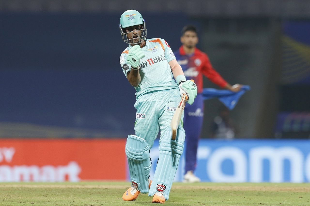 Ayush Badoni exults after hitting a four to level the scores, Lucknow Super Giants vs Delhi Capitals, IPL 2022, Navi Mumbai, April 7, 2022