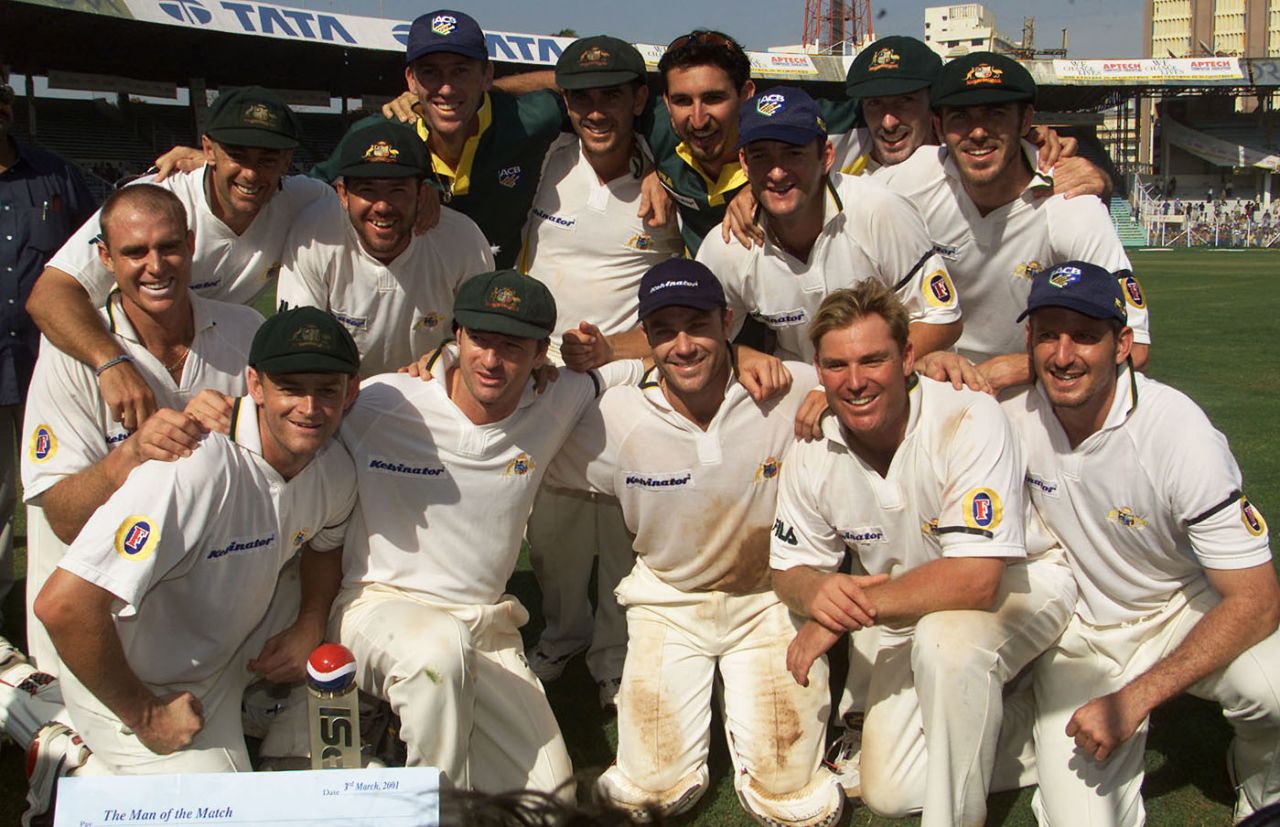 Australia pose for photos after winning the Mumbai Test, India v Australia, 1st Test, Mumbai, 3rd day, March 1, 2001