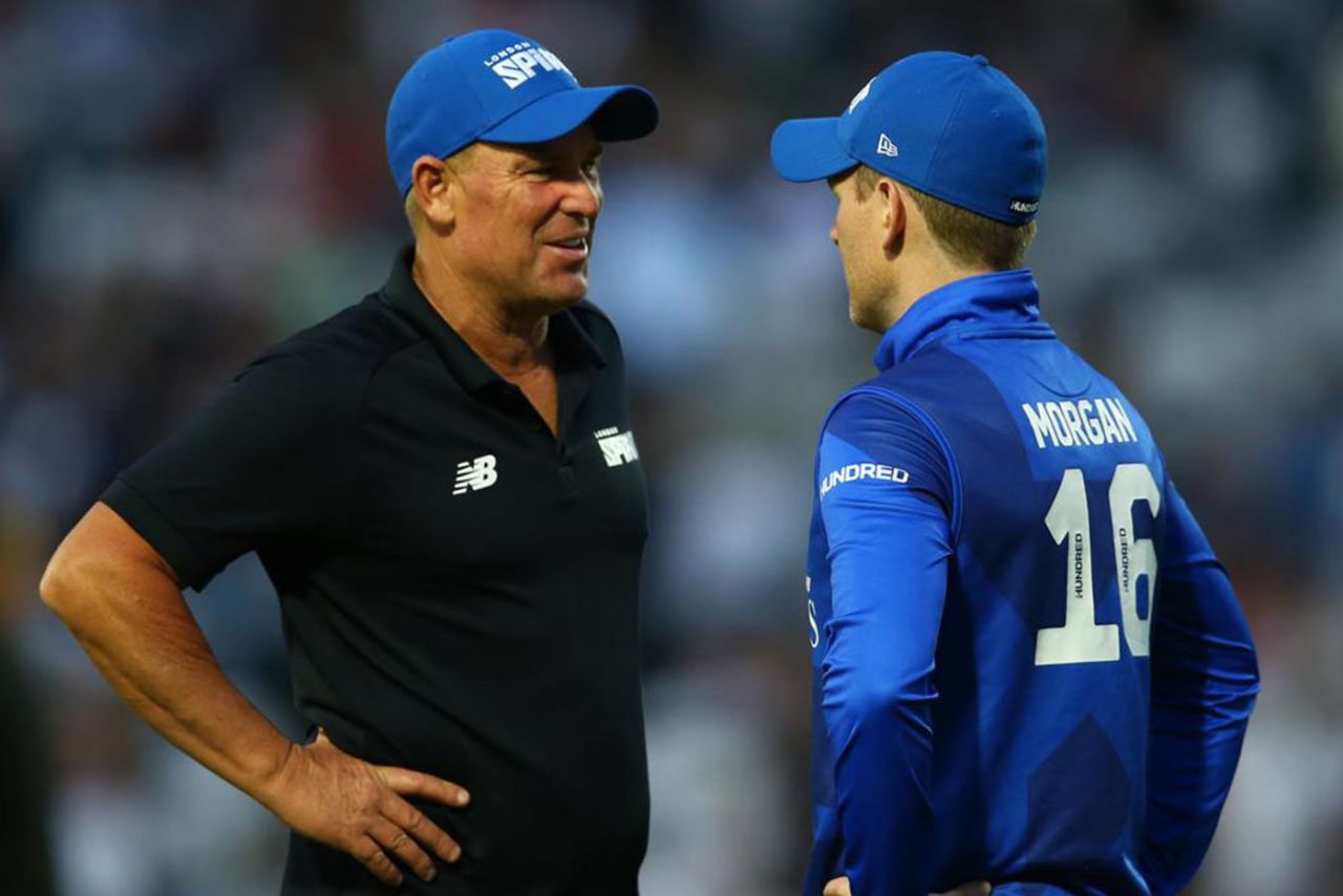 Eoin Morgan chats to Shane Warne, Oval Invincibles vs London Spirit, The Hundred, August 14, 2021