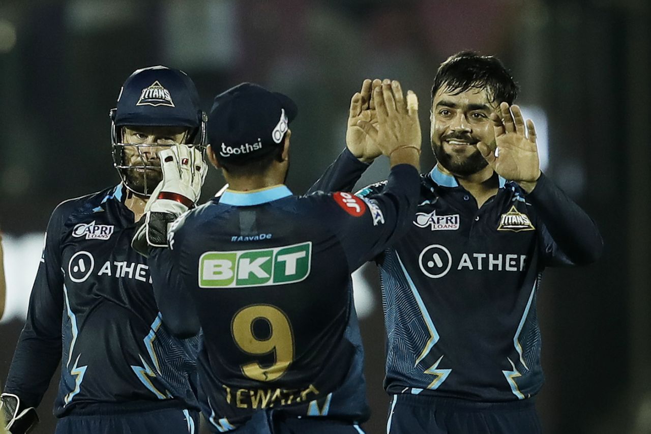 Rashid Khan celebrates after picking up the wicket of Shikhar Dhawan, Gujarat Titans vs Punjab Kings, IPL 2022, Brabourne Stadium, Mumbai, April 8, 2022