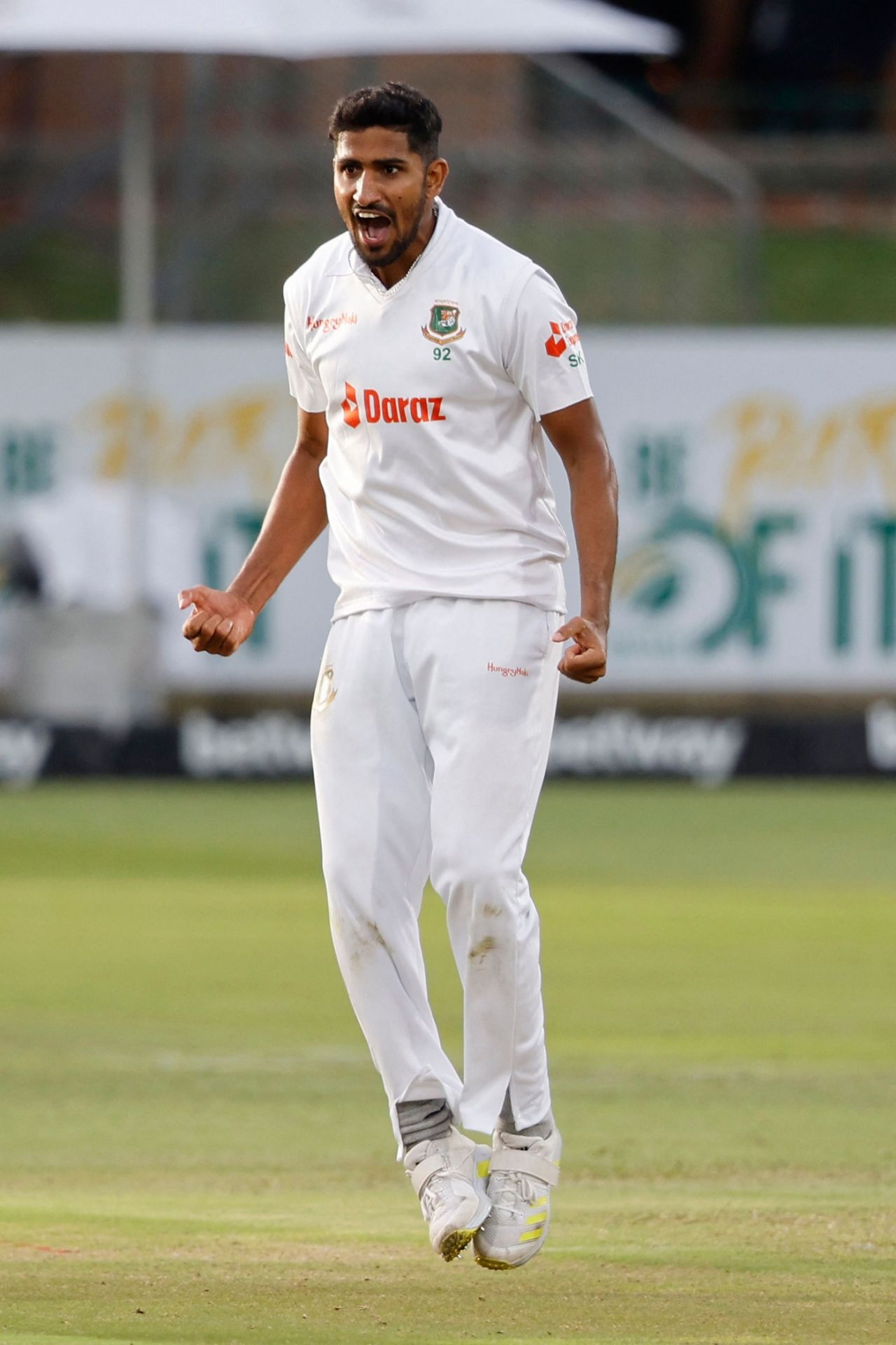Khaled Ahmed celebrates after removing Temba Bavuma for 67, South Africa v Bangladesh, 2nd Test, Gqeberha, 1st day, April 8, 2022