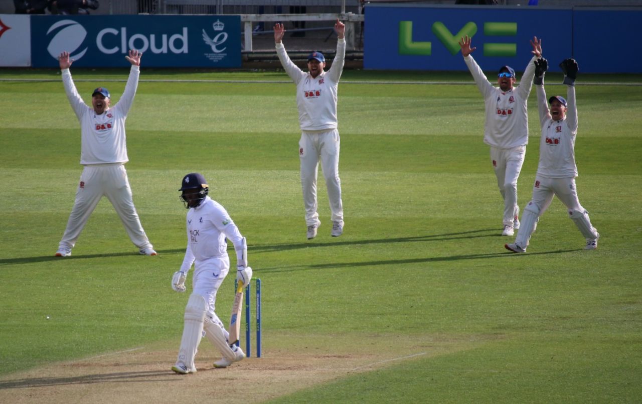 Daniel Bell-Drummond falls lbw to Sam Cook, Essex vs Kent, LV= Insurance Championship, Division One, April 8, 2022