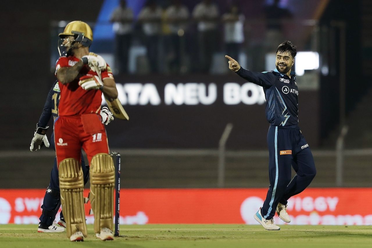 Rashid Khan celebrates after getting rid of Shikhar Dhawan, Gujarat Titans vs Punjab Kings, IPL 2022, Brabourne Stadium, Mumbai, April 8, 2022