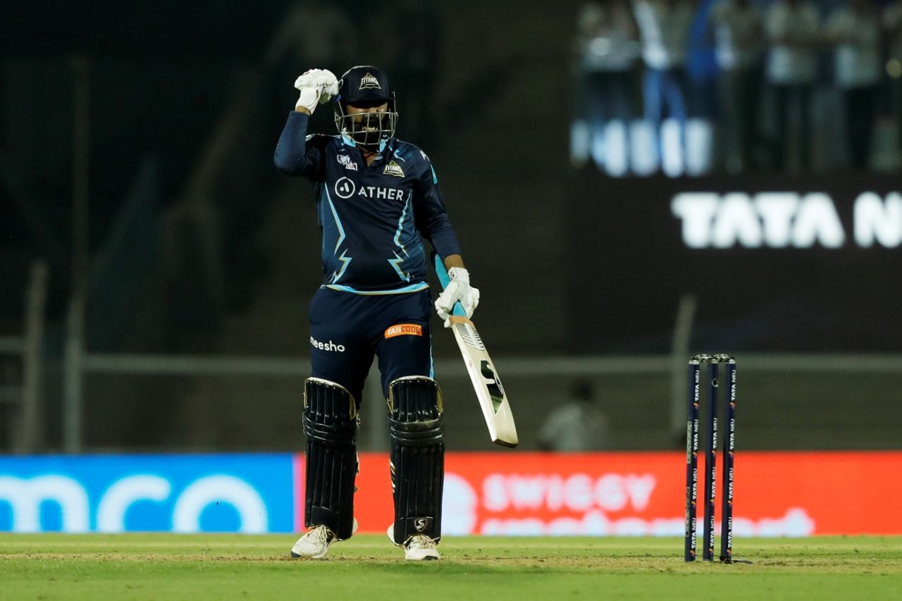 Rahul Tewatia roars after finishing the game with back-to-back sixes, Gujarat Titans vs Punjab Kings, IPL 2022, Brabourne Stadium, Mumbai, April 8, 2022