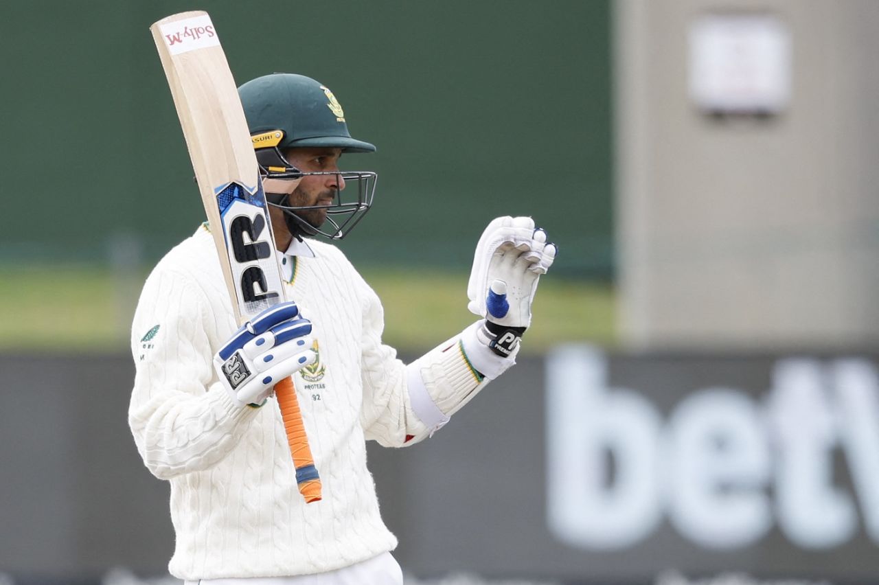 Keshav Maharaj raises his bat after completing a half-century, South Africa vs Bangladesh, 2nd Test, Gqeberha, 2nd day, April 9, 2022