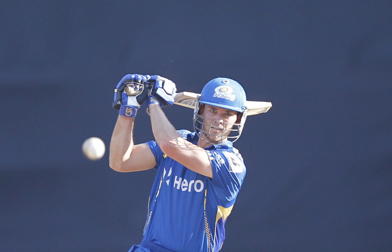James Franklin slams the ball down the ground during Mumbai Indians' match against Kings XI Punjab at Wankhede Stadium, Mumbai, April 22, 2012
