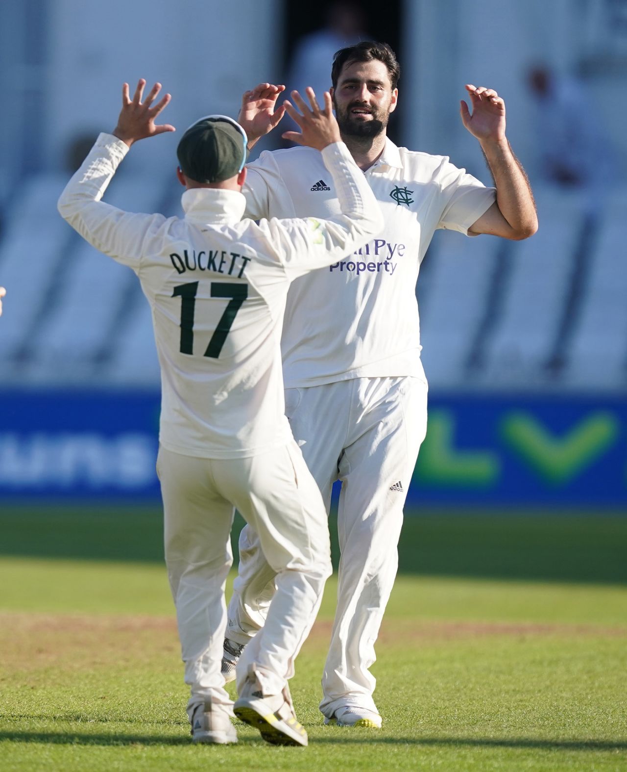 Brett Hutton celebrates with Ben Duckett, Nottinghamshire vs Yorkshire, Trent Bridge, County Championship Division One, September 22, 2021