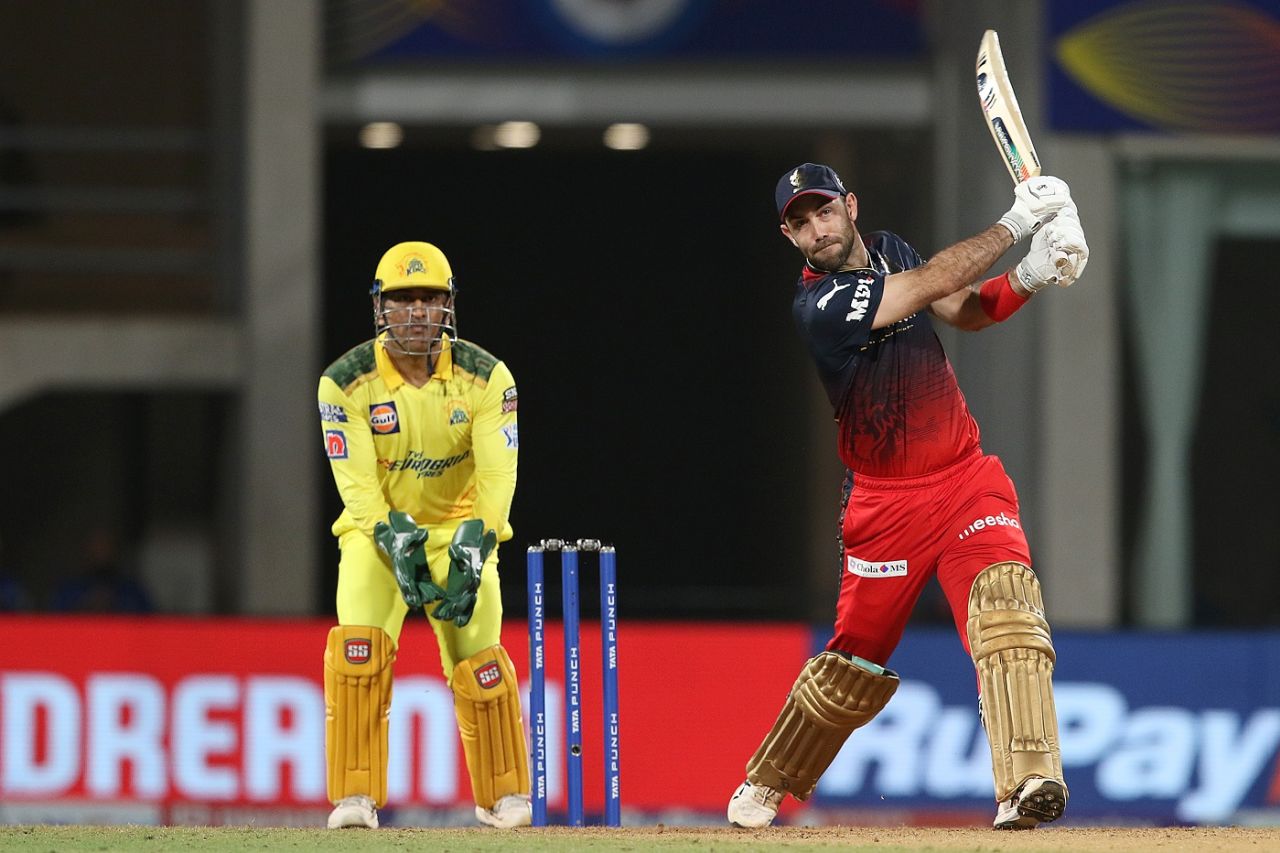 Glenn Maxwell hits one over long-off, Chennai Super Kings vs Royal Challengers Bangalore, IPL 2022, DY Patil Stadium, Navi Mumbai, April 12, 2022