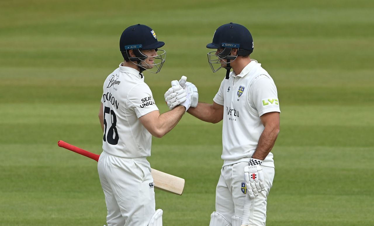 Sean Dickson congratulates David Bedingham on reaching his half-century, Durham vs Leicestershire, LV= Insurance County Championship division two, 1st day, Chester-le-Street, April 14, 2022