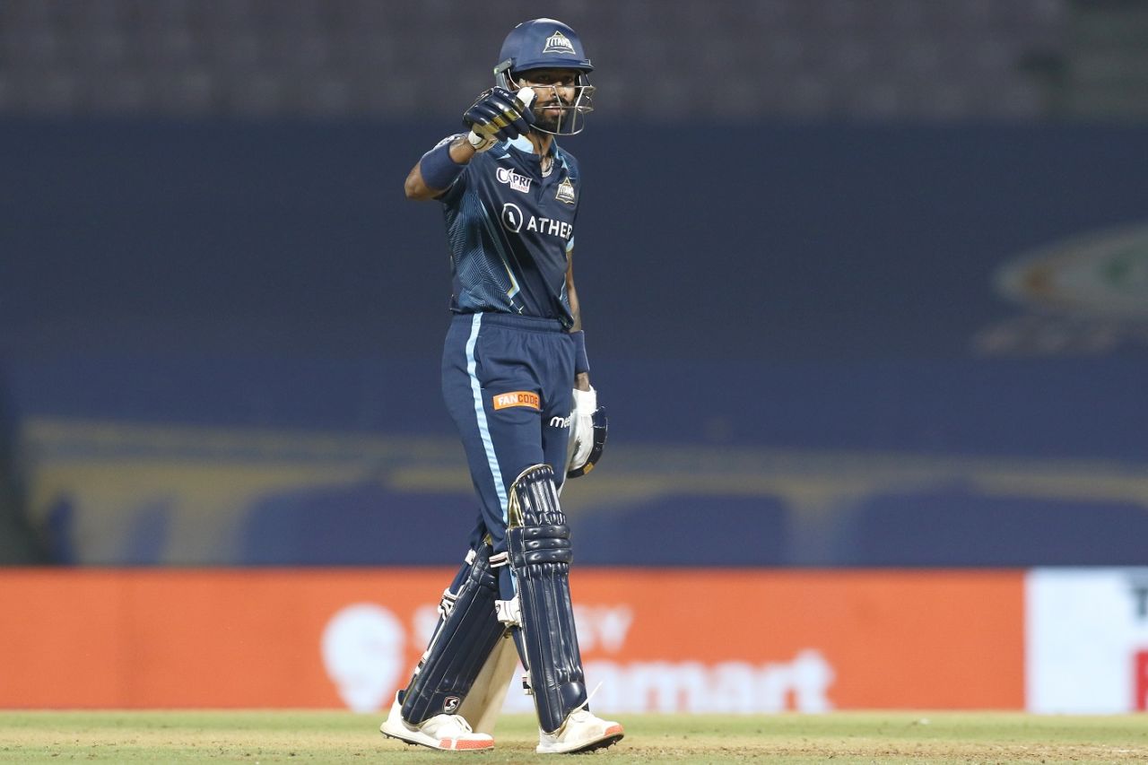 Hardik Pandya acknowledges the Gujarat Titans dugout after reaching his half-century, Gujarat Titans vs Rajasthan Royals, IPL 2022, DY Patil Stadium, Mumbai, April 14, 2022