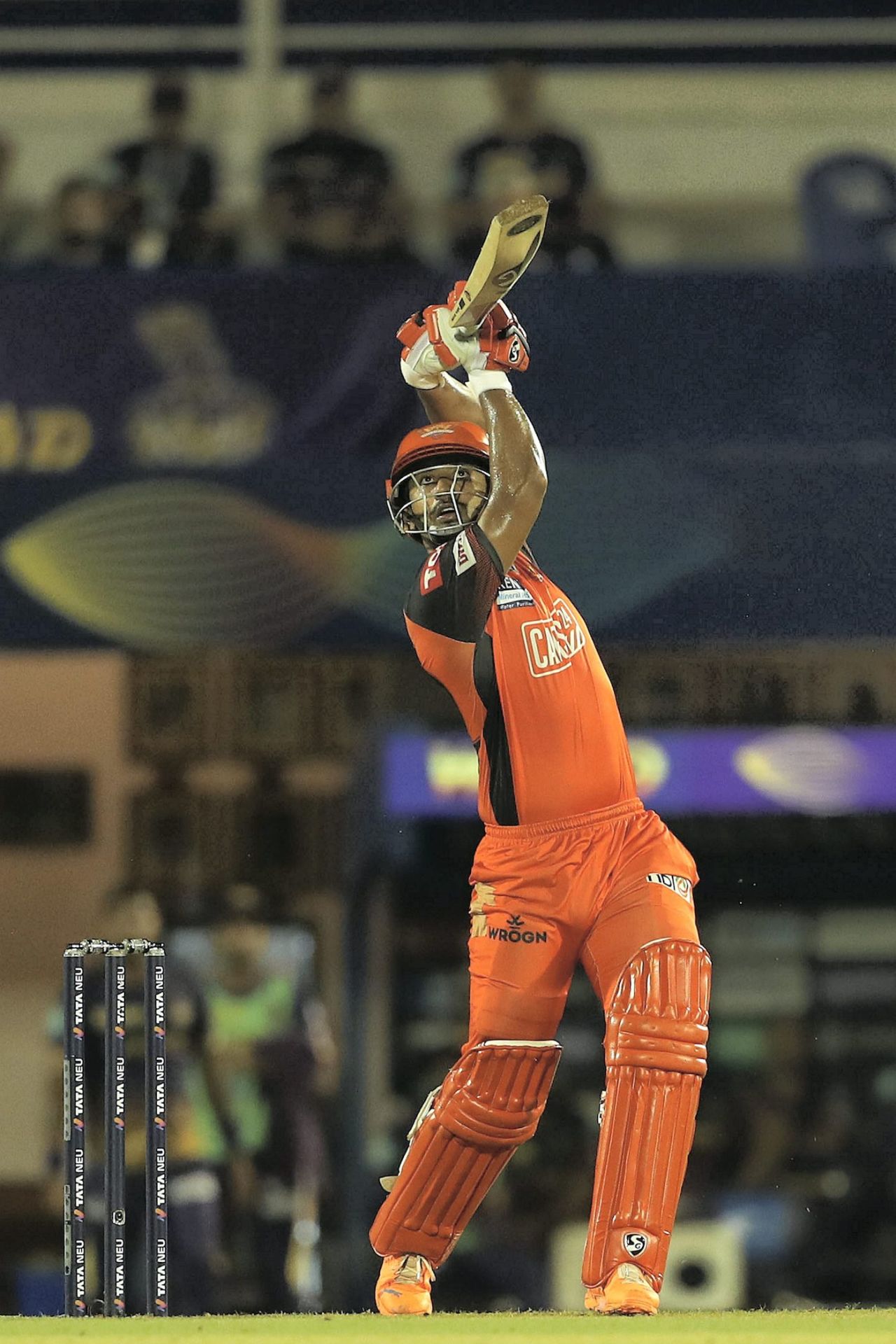 Rahul Tripathi goes over the top during his half-century, Kolkata Knight Riders vs Sunrisers Hyderabad, IPL 2022, Brabourne Stadium, Mumbai, April 15, 2022